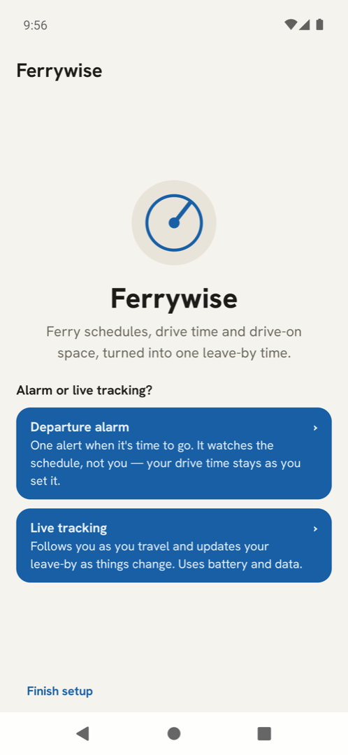 Ferrywise on Android: the home page asking whether to set a departure alarm or use live tracking