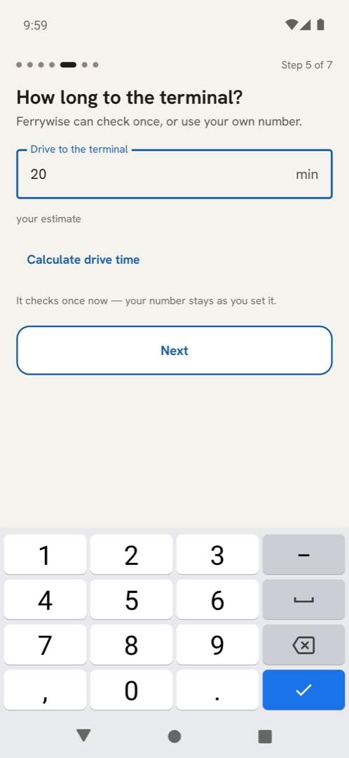Ferrywise on Android: how long to the terminal