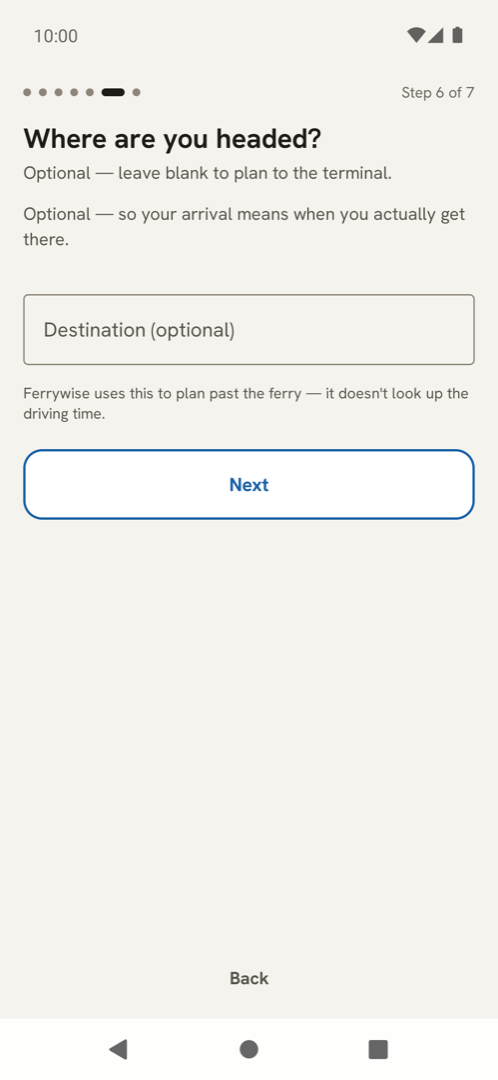 Ferrywise on Android: the optional destination step