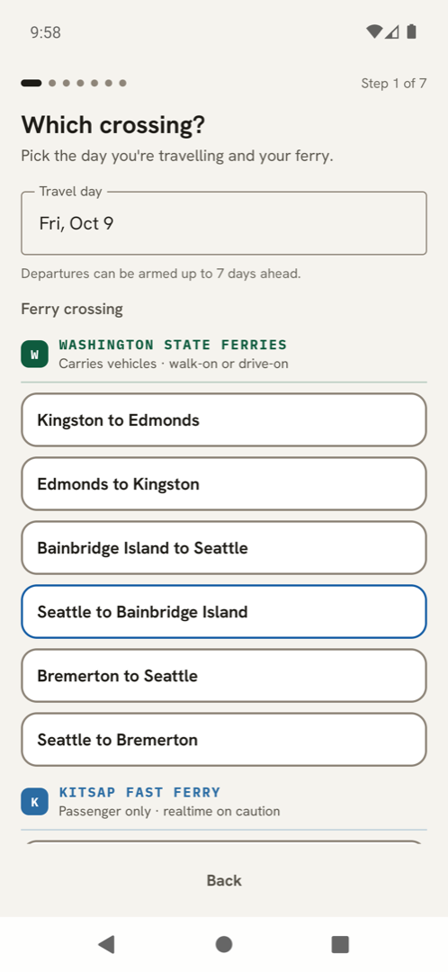 Ferrywise on Android: choosing the travel day and the crossing