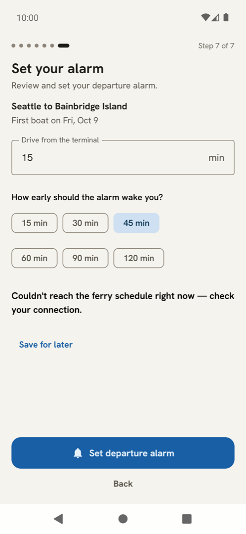Ferrywise on Android: the plan step saying the schedule could not be reached