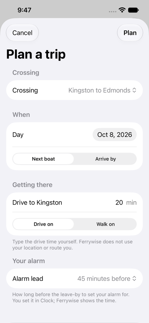 Ferrywise on iPhone: the plan form